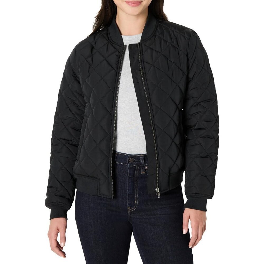 Women's Black Quilted Bomber Jacket Coat Style Cool Weather Front Zipper Closure
